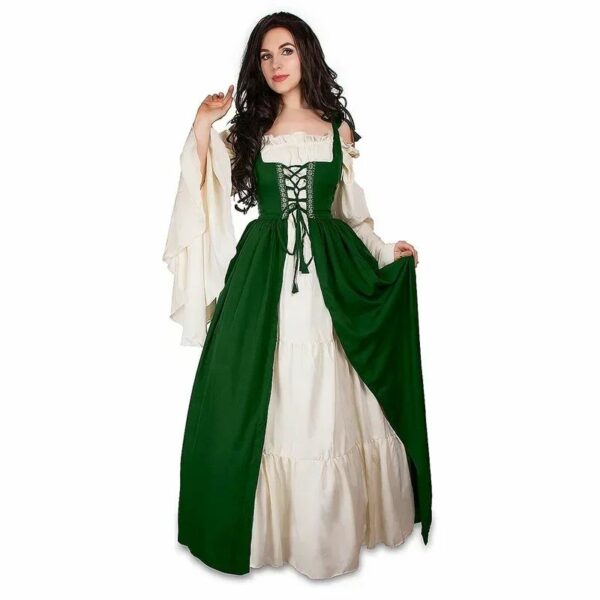 Robe médiévale en velours vert et blanc