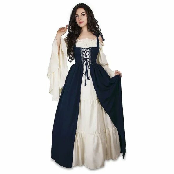 Robe médiévale en velours bleu et blanc