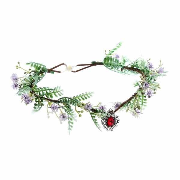 Couronne médiévale florale avec feuillage et pendentif rouge