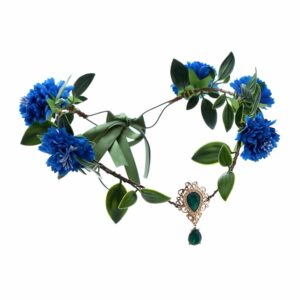 Couronne florale avec fleurs bleues et pendentif vert