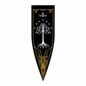 Bannière médiévale noire et or avec arbre blanc