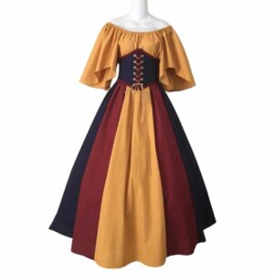 Robe de paysanne médiévale jaune et bordeaux