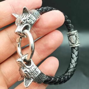 Bracelet viking cuir noir têtes de loup et anneau