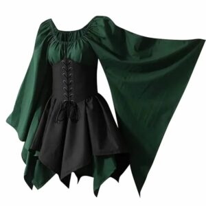 Tunique médiévale pour femme à manches larges - vert et noir
