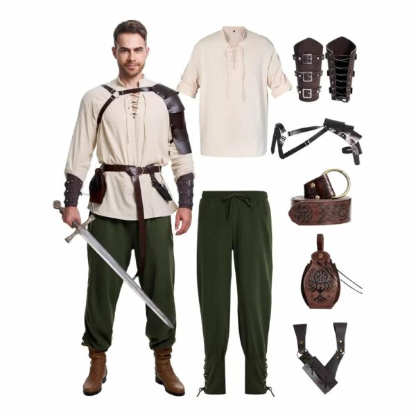 Tenue médiévale de garde forestier– ensemble beige & vert