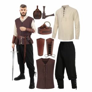 Tenue médiévale de brigand – ensemble marron et beige – Image 1