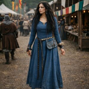 Robe longue viking médiévale bleue – Image 2
