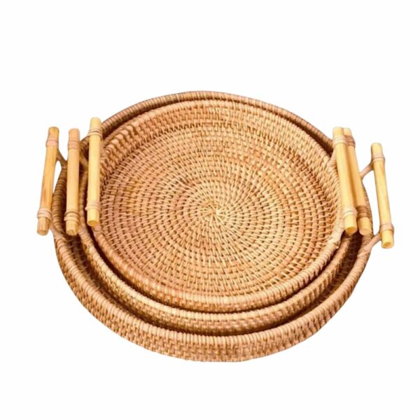 Plateau médiéval rond en osier avec anses en bois