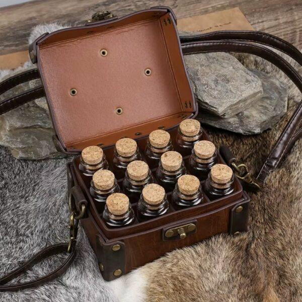 Boîte à fioles marron médiévale – 12 fioles