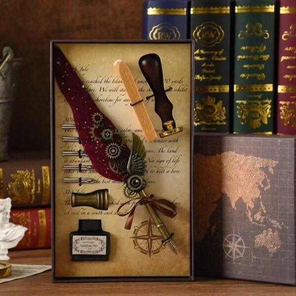 Coffret d'écriture médiéval-fantasy avec plume rouge