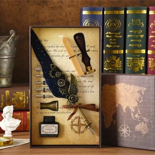 Coffret d'écriture médiéval-fantasy avec plume bleue nuit