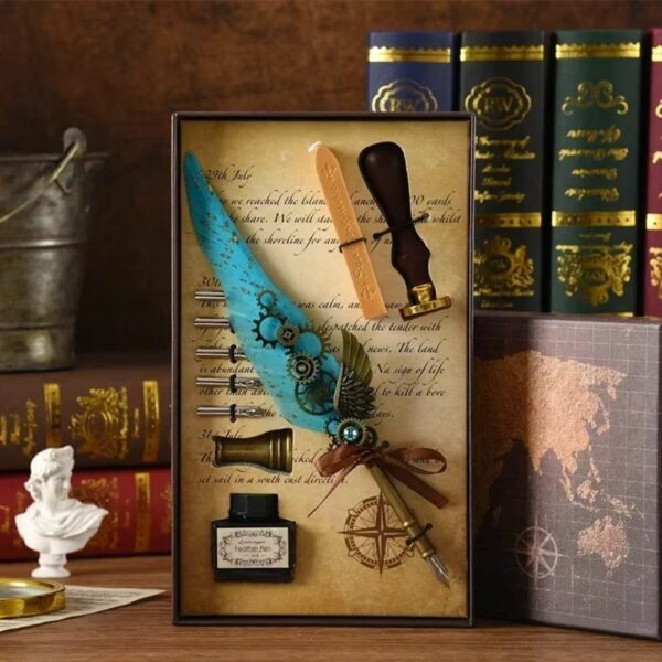 Coffret d'écriture médiéval-fantasy avec plume turquoise