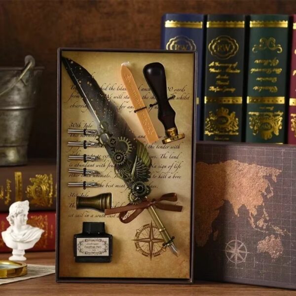 Coffret d'écriture médiéval-fantasy avec plume noir doré