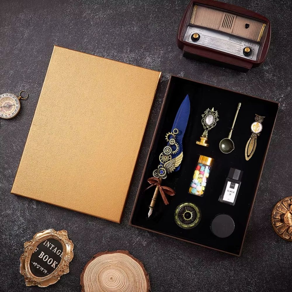 Coffret d’écriture médiévale avec plume bleue – Image 1