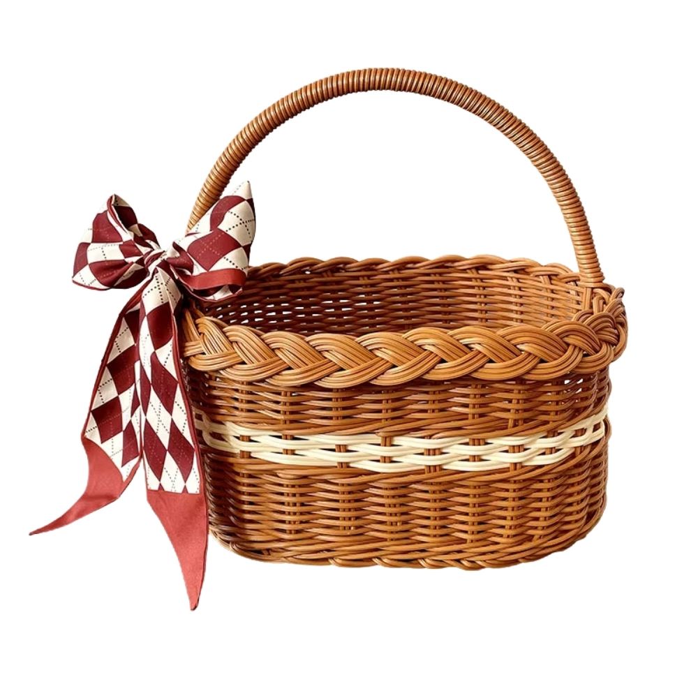 Panier médiéval en osier avec ruban rouge et blanc – Image 1