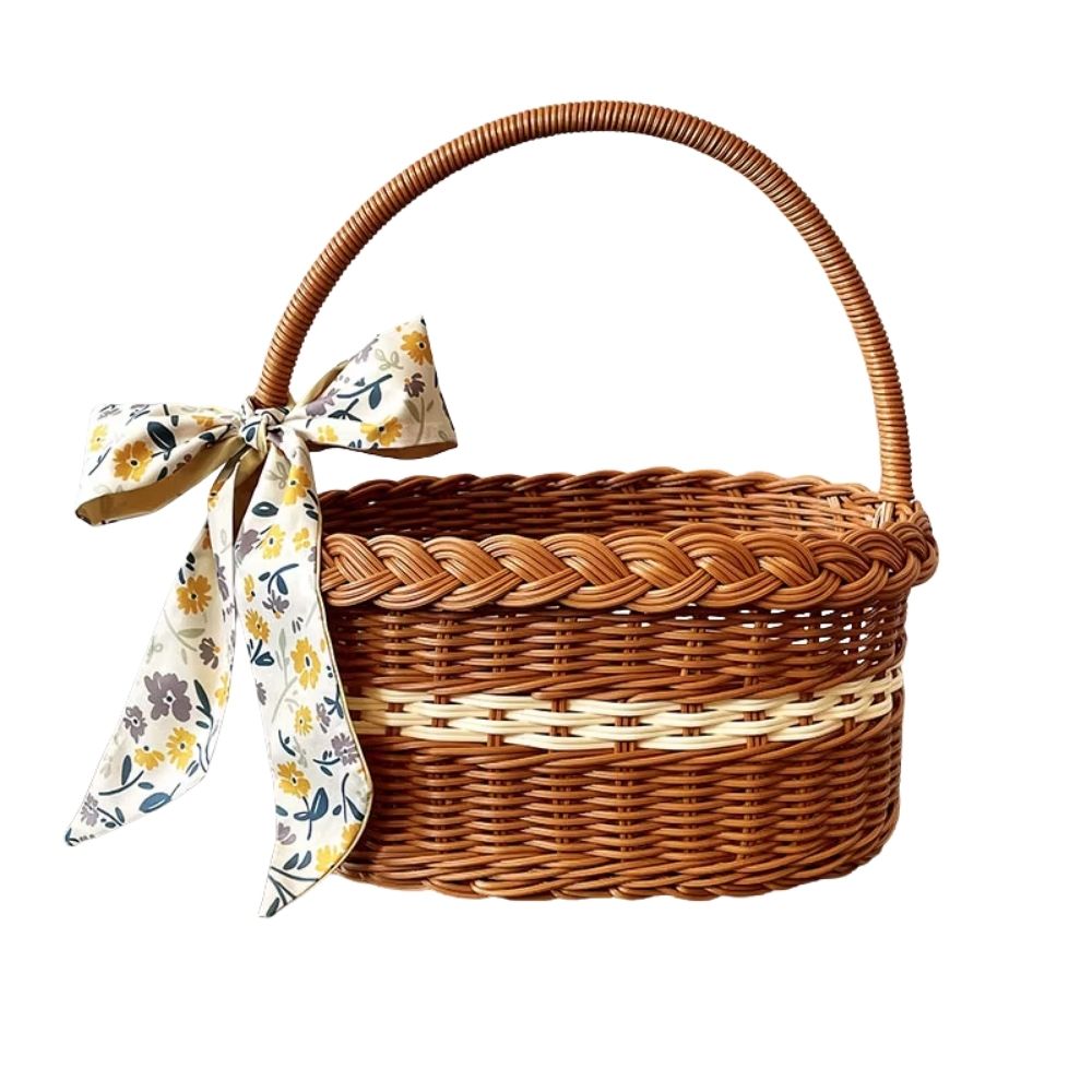 Panier médiéval en osier avec ruban fleuri jaune – Image 1