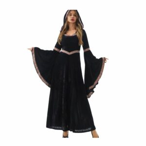 Robe médiévale noire à capuche et manches évasées – Image 1