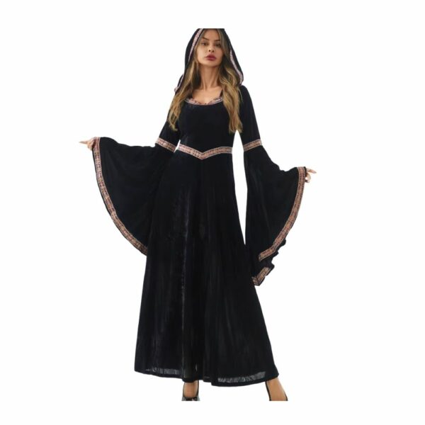 Robe médiévale noire à capuche et manches évasées
