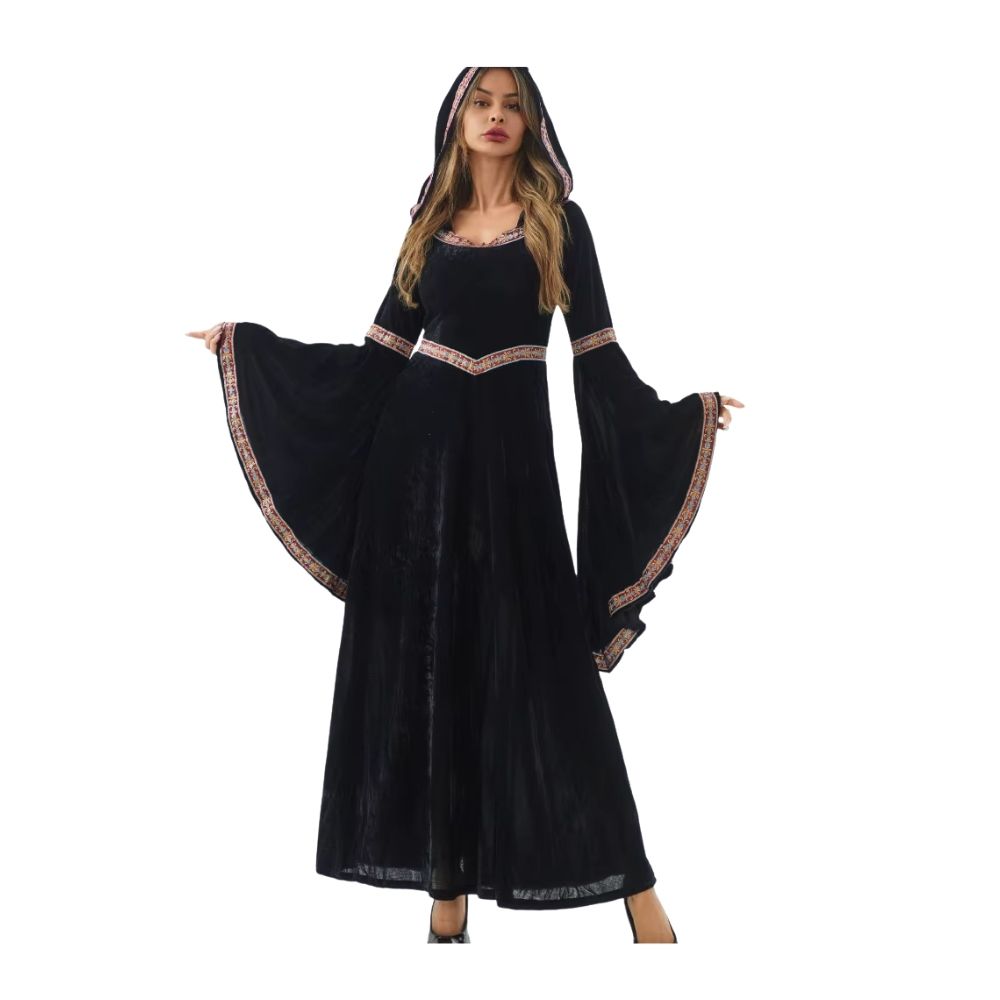 Robe médiévale noire à capuche et manches évasées – Image 1