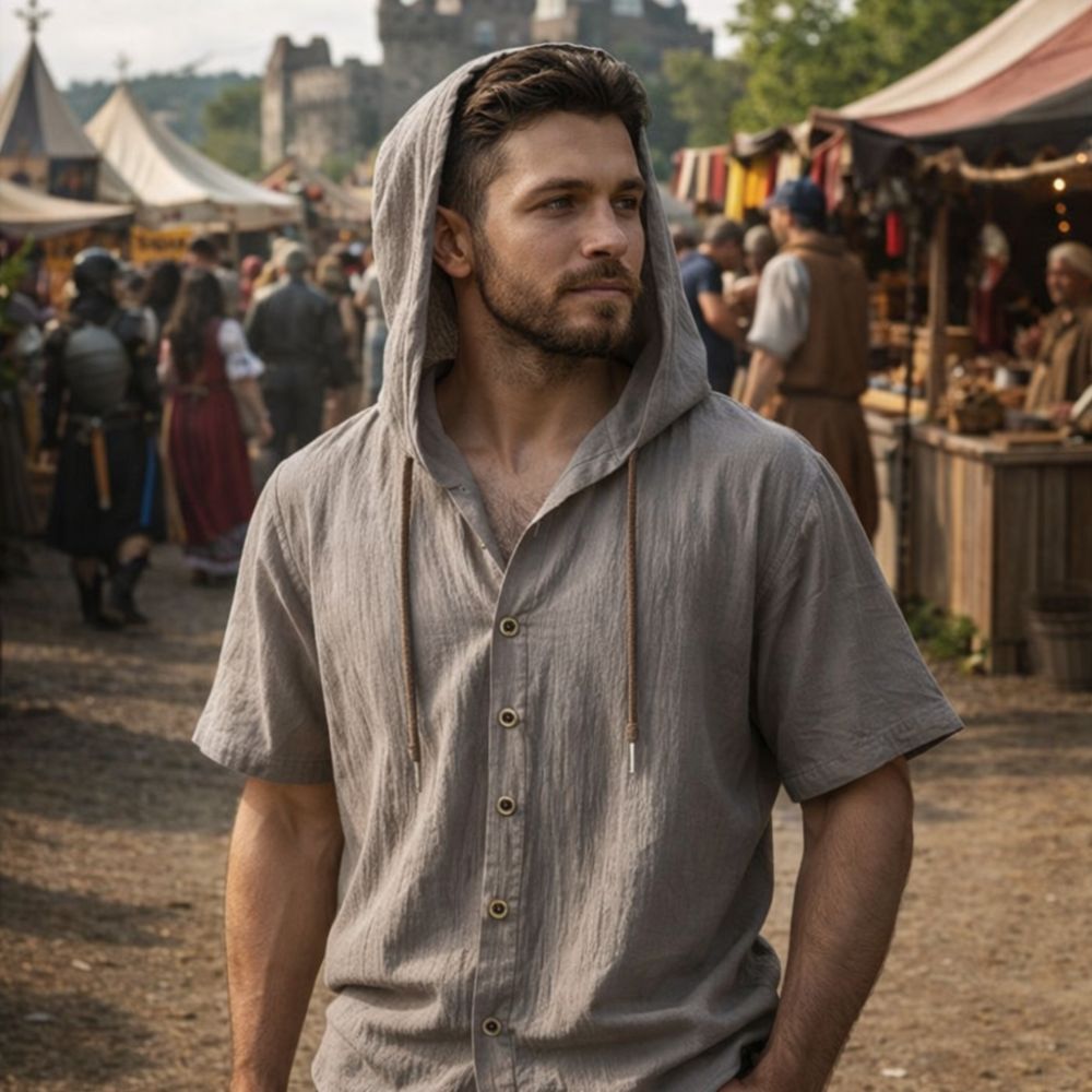 Chemise médiévale à capuche manches courtes grise – Image 2