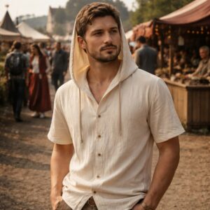 Chemise médiévale à capuche manches courtes beige – Image 2