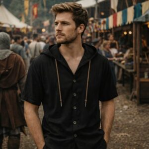 Chemise médiévale à capuche manches courtes noire – Image 2