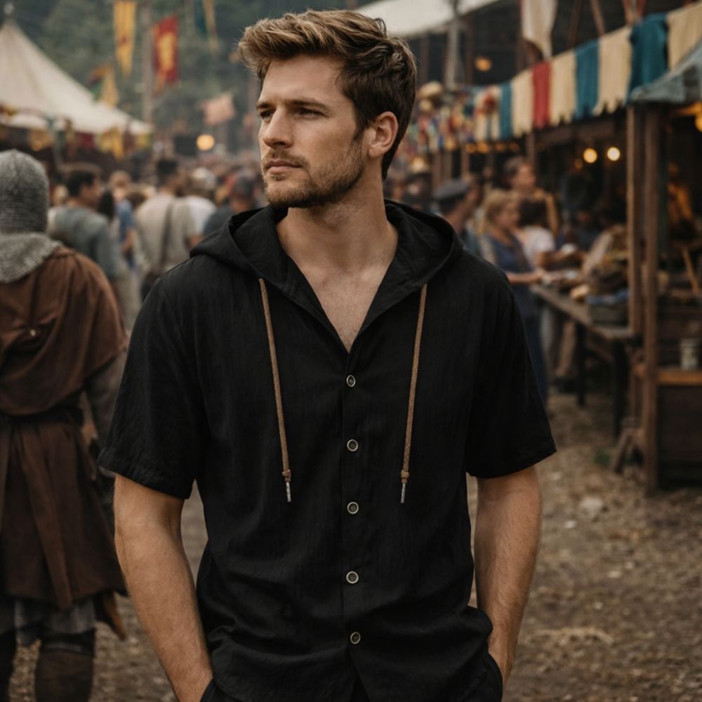 Chemise médiévale à capuche manches courtes noire – Image 2