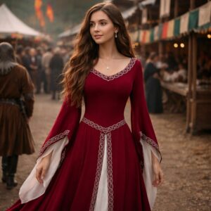 Robe médiévale bordeaux à manches évasées – Image 2