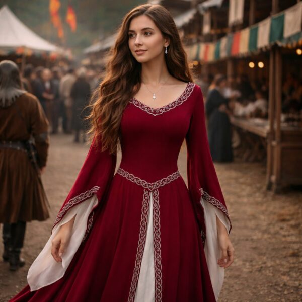 Robe médiévale bordeaux à manches évasées
