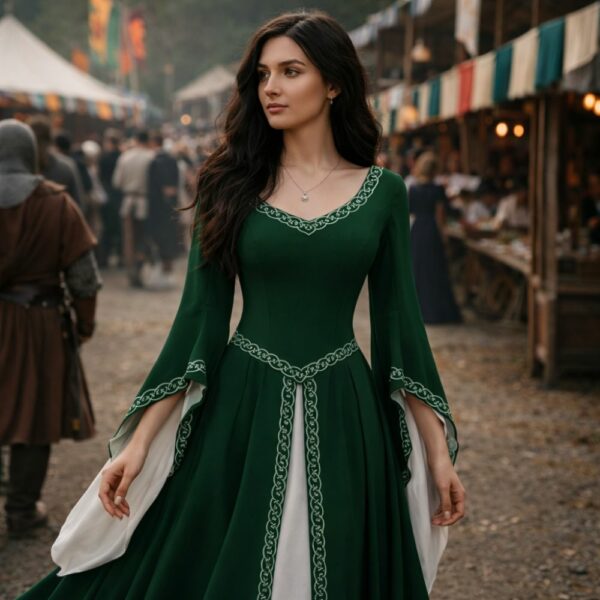 Robe médiévale verte à manches évasées
