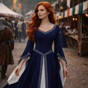 Robe médiévale bleu nuit à manches évasées – Image 2