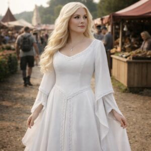 Robe médiévale blanche à manches évasées – Image 2