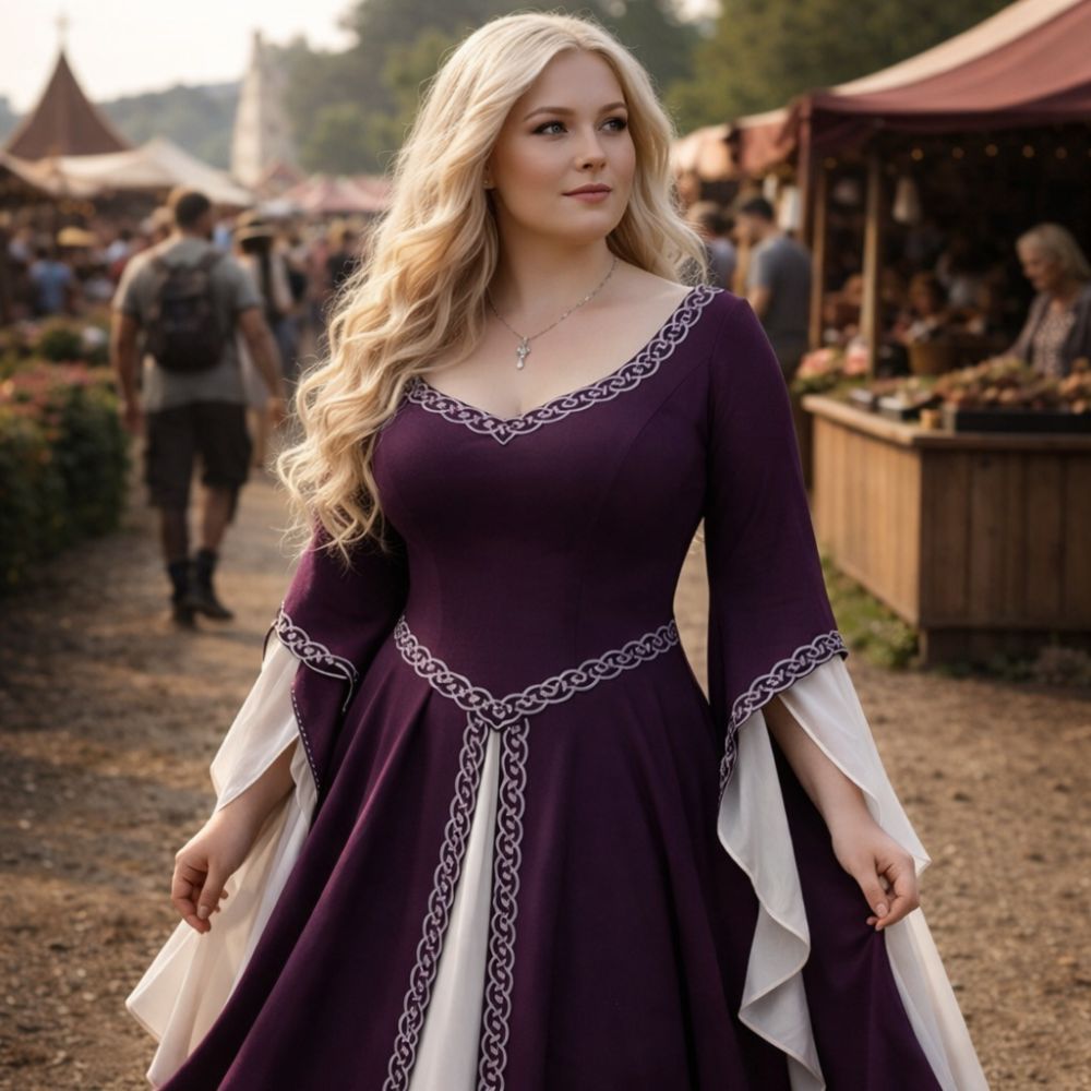 Robe médiévale prune à manches évasées – Image 2
