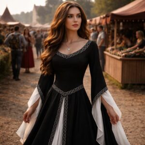 Robe médiévale noire à manches évasées – Image 2