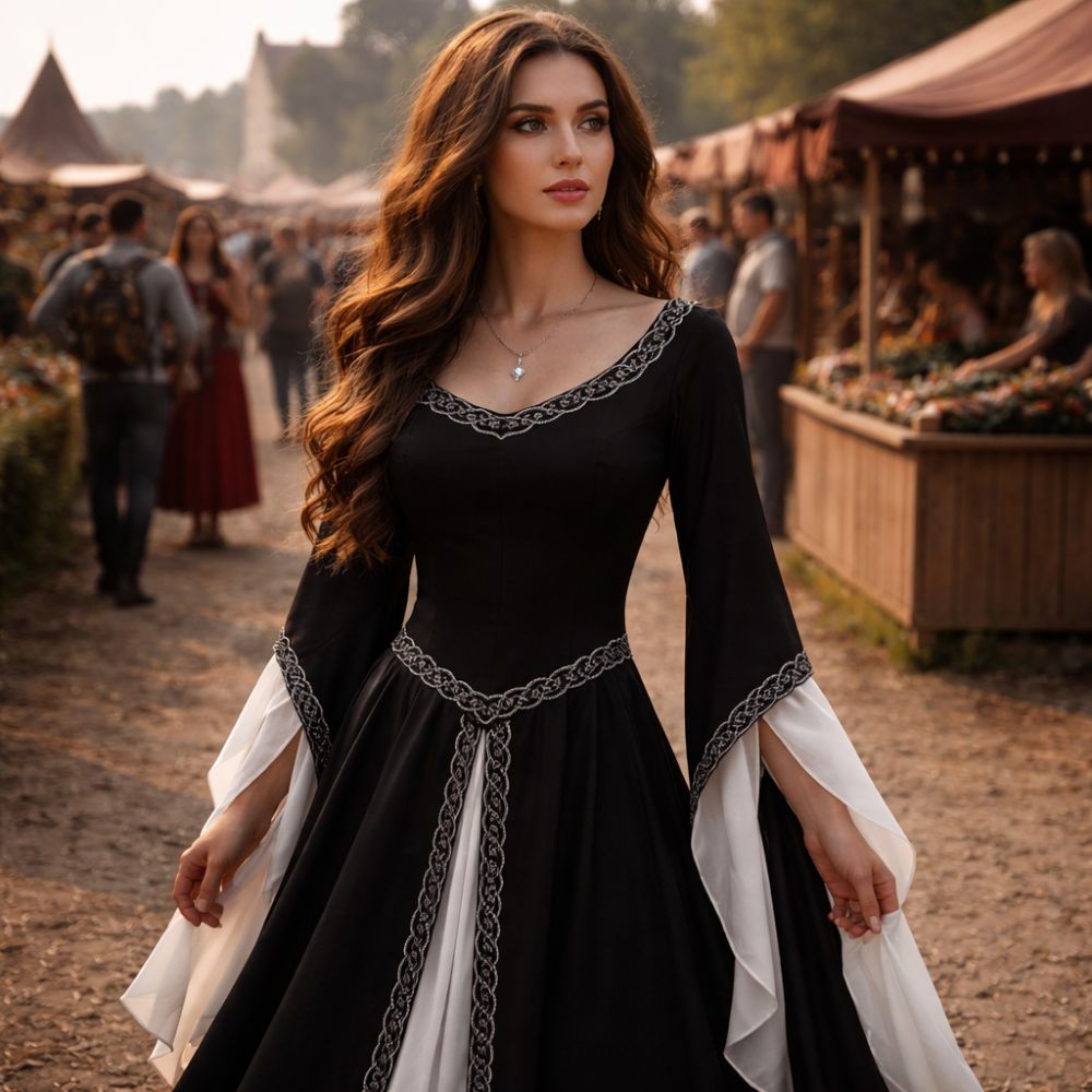 Robe médiévale noire à manches évasées – Image 2