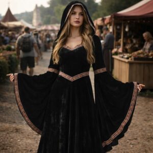Robe médiévale noire à capuche et manches évasées – Image 2