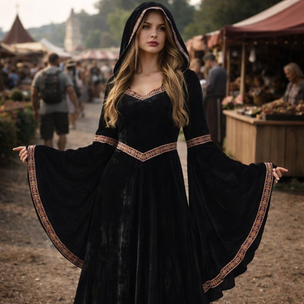 Robe médiévale noire à capuche et manches évasées – Image 2