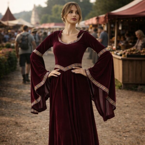 Robe médiévale bordeaux élégante à manches évasées