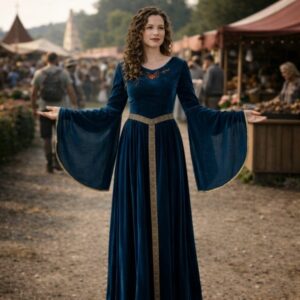 Robe médiévale bleue à manches évasées style noble – Image 2