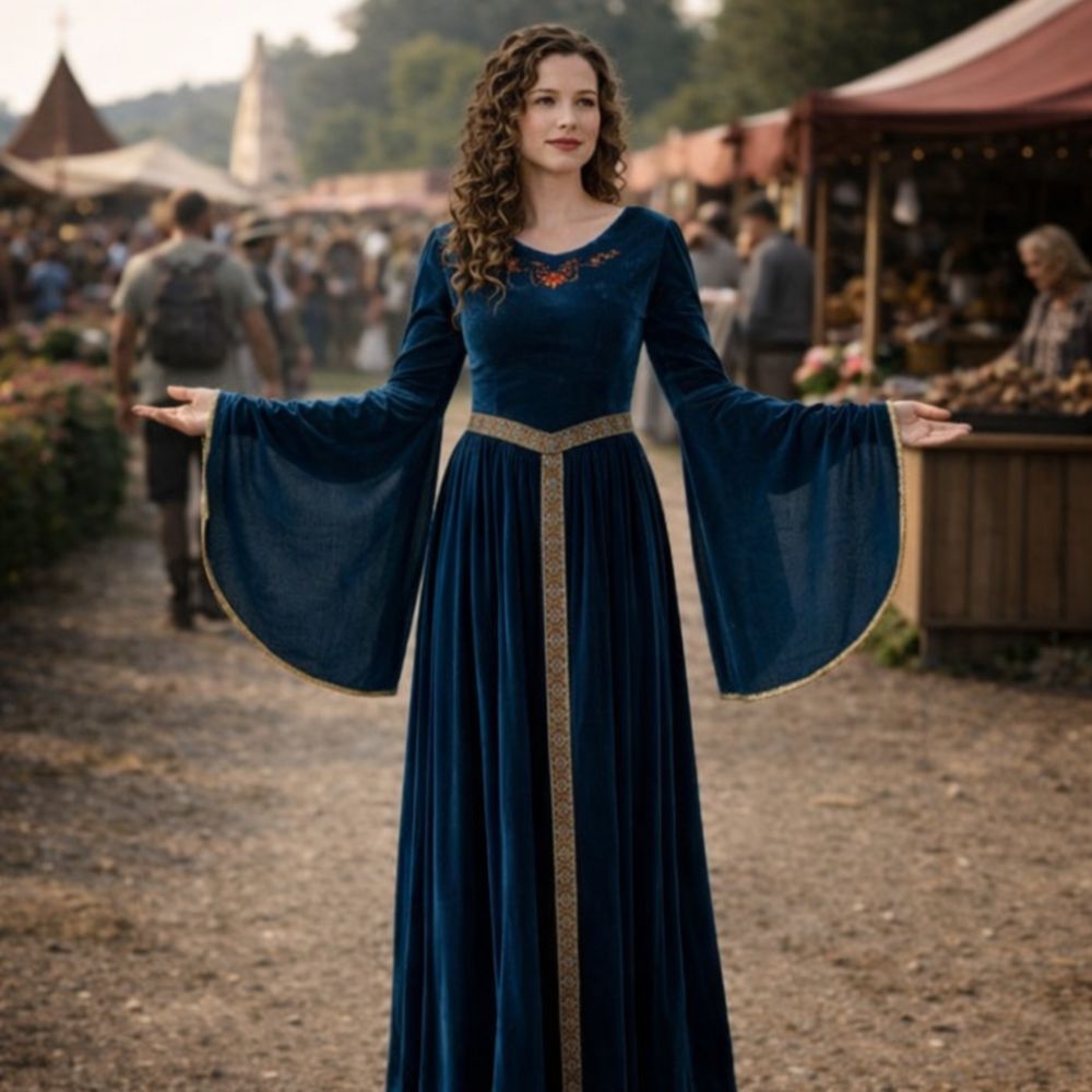 Robe médiévale bleue à manches évasées style noble – Image 2