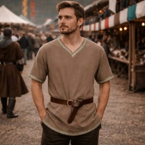 Tunique médiévale homme brun clair avec ceinture – Image 2