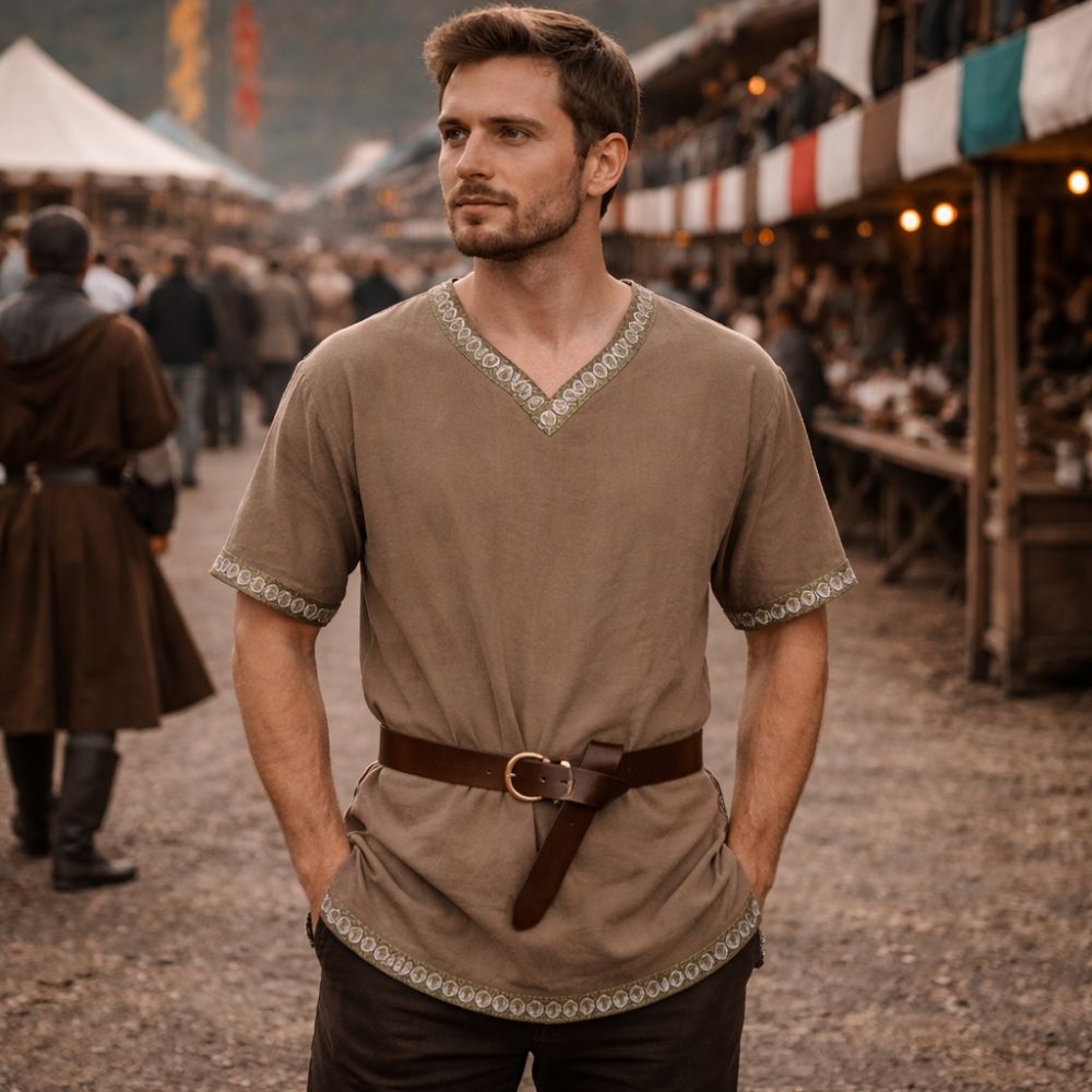 Tunique médiévale homme brun clair avec ceinture – Image 2