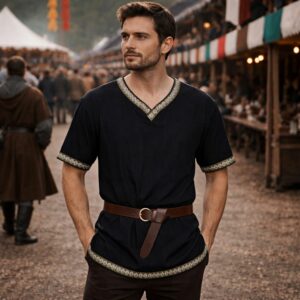 Tunique médiévale homme noire avec ceinture – Image 2