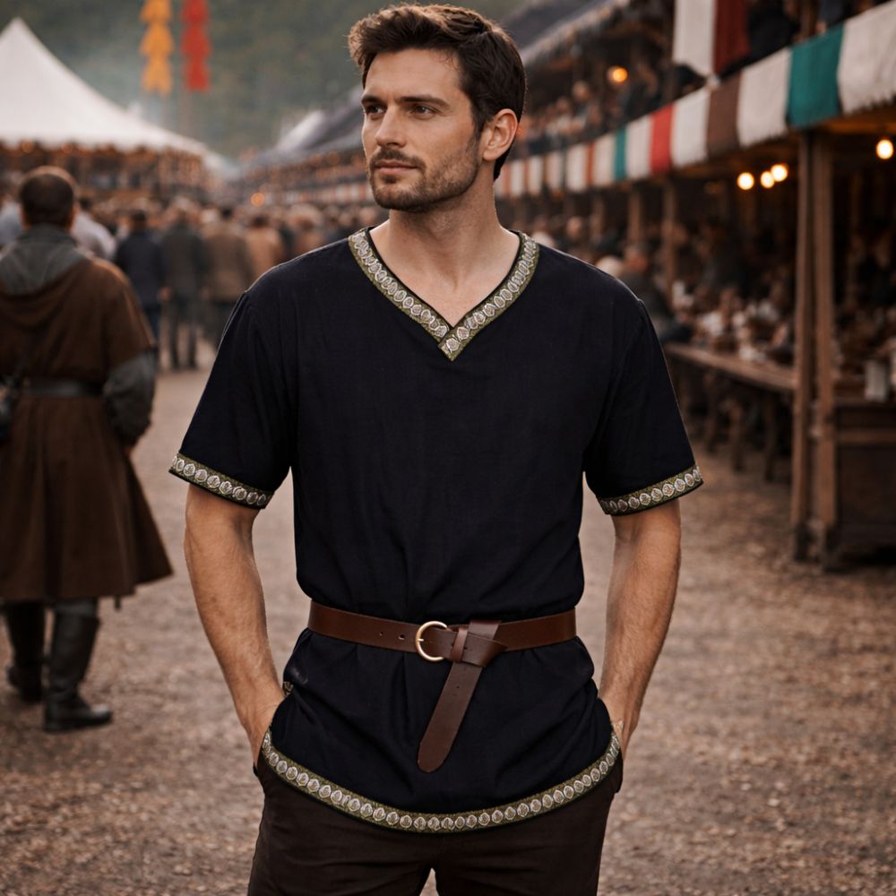 Tunique médiévale homme noire avec ceinture – Image 2